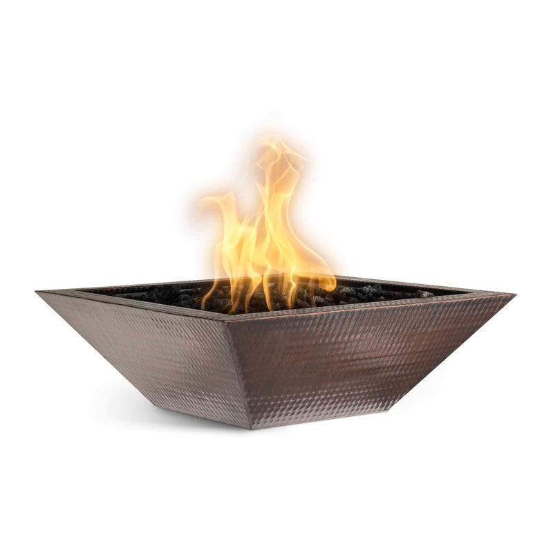 The Outdoor Plus 36" Maya Square Hammered Copper Fire Bowl | Match Lit