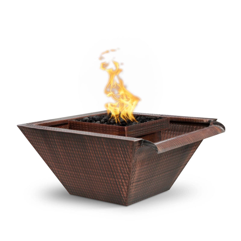 The Outdoor Plus 36" Maya Hammered Copper Fire & Water Bowl Wide Gravity Spill | Low Voltage Electronic Ignition