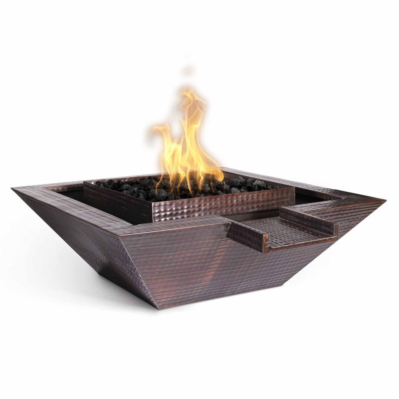 The Outdoor Plus 24" Maya Hammered Copper Fire & Water Bowl Gravity Spill | Match Lit
