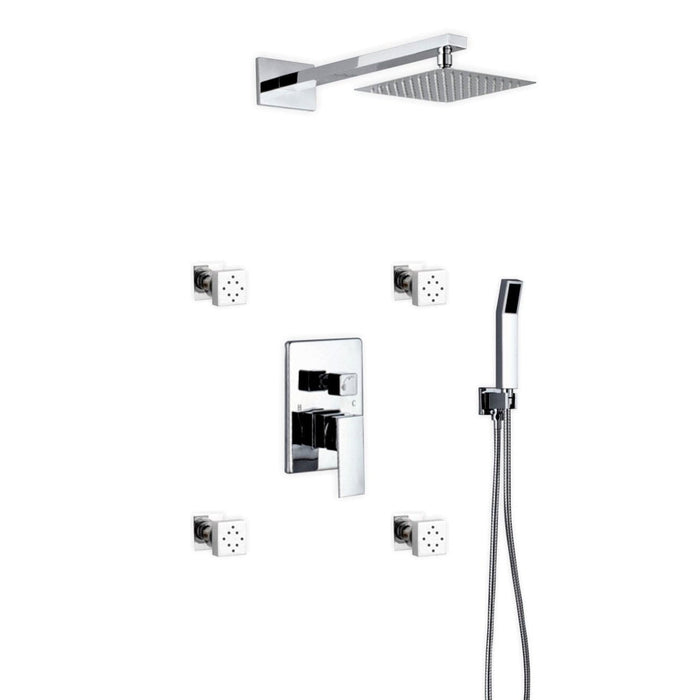 KubeBath Aqua Piazza Shower Set with Square Rain Shower, 4 Body Jets and Handheld KubeBath