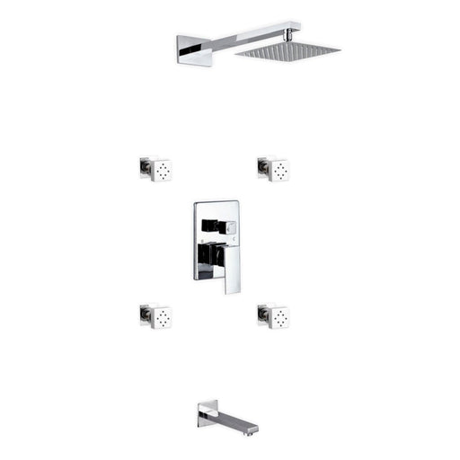 KubeBath Aqua Piazza Shower Set with Square Rain Shower, 4 Body Jets and Tub Filler KubeBath