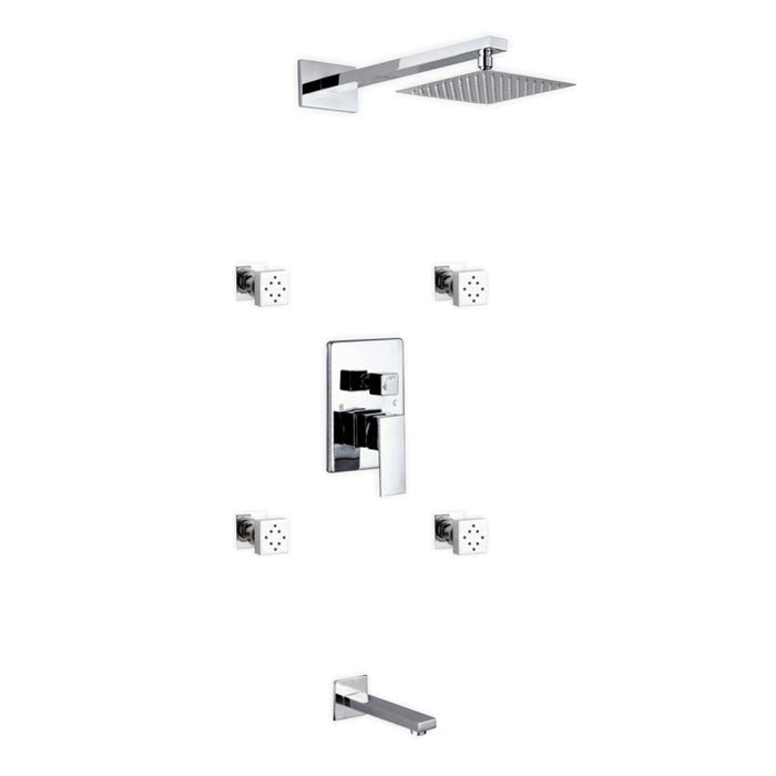 KubeBath Aqua Piazza Shower Set with Square Rain Shower, 4 Body Jets and Tub Filler KubeBath