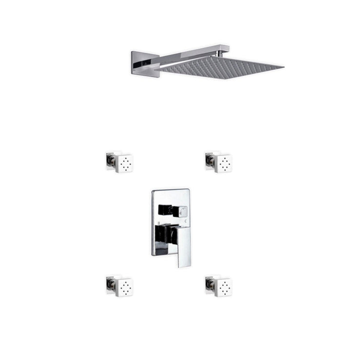 KubeBath Aqua Piazza Brass Shower Set with Square Rain Shower and 4 Body Jets KubeBath