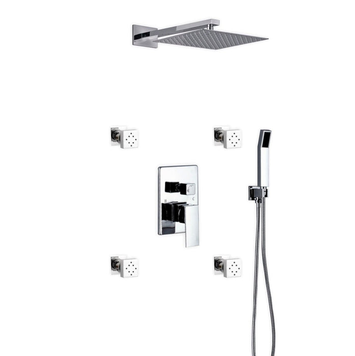KubeBath Aqua Piazza Shower Set with Square Rain Shower, 4 Body Jets and Handheld KubeBath