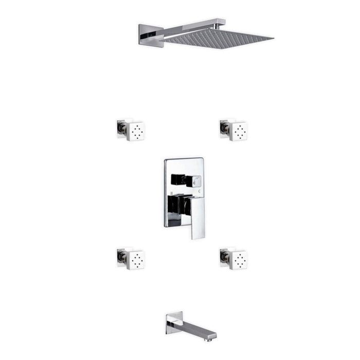 KubeBath Aqua Piazza Shower Set with Square Rain Shower, 4 Body Jets and Tub Filler KubeBath