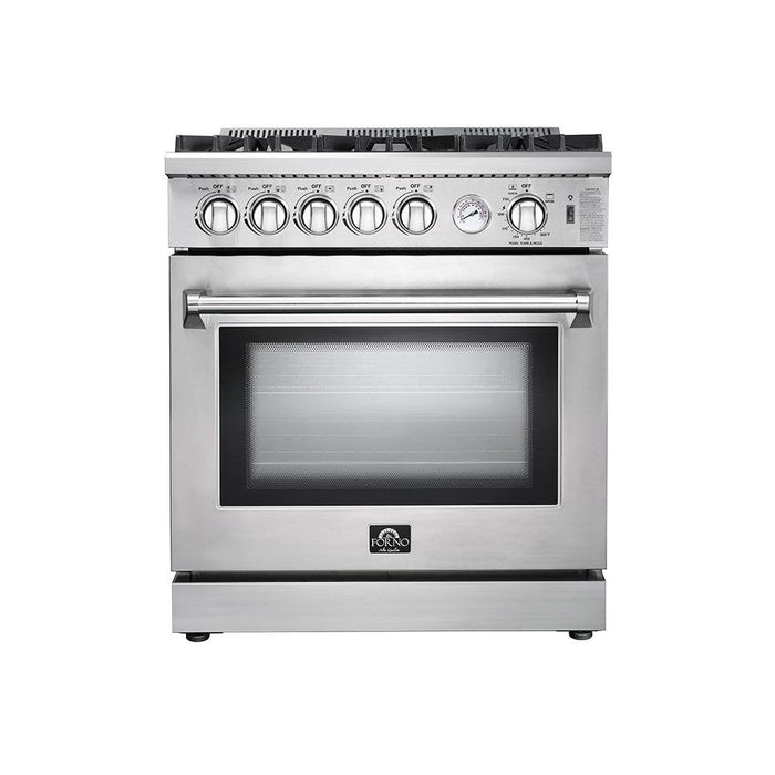 Forno 3-Piece Appliance Package - 30-Inch Gas Range, Pro-Style Refrigerator, and Dishwasher in Stainless Steel FORNO