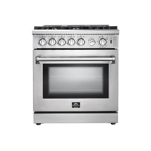 Forno 3-Piece Appliance Package - 30-Inch Gas Range, Pro-Style Refrigerator, and Wall Mount Hood in Stainless Steel FORNO
