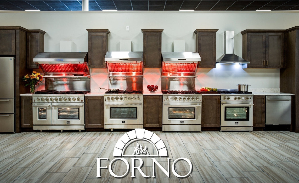 Forno 3-Piece Appliance Package - 48-Inch Dual Fuel Range, French Door Refrigerator, and Dishwasher in Stainless Steel FORNO