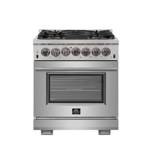 Forno 3-Piece Pro Appliance Package - 30-Inch Dual Fuel Range, Pro-Style Refrigerator, and Dishwasher in Stainless Steel FORNO