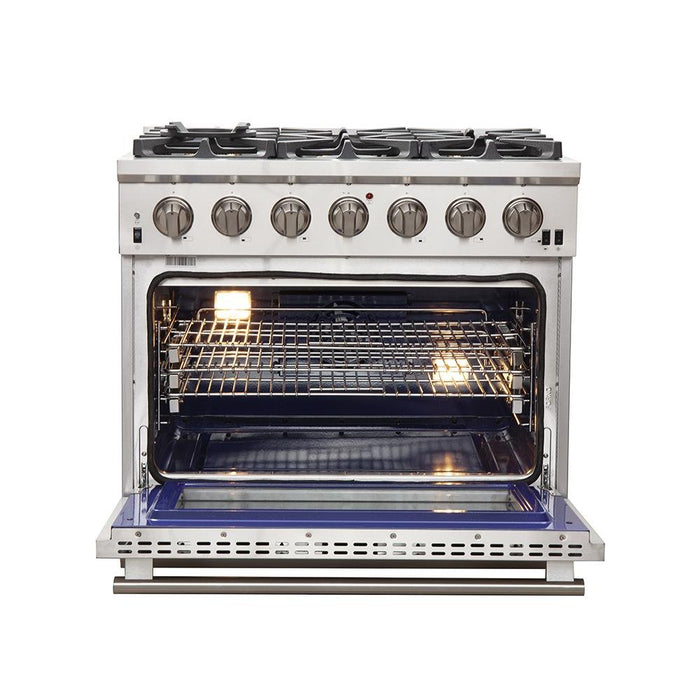 Forno 3-Piece Pro Appliance Package - 36-Inch Gas Range, Pro-Style Refrigerator, and Dishwasher in Stainless Steel FORNO