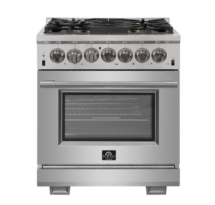 Forno 3-Piece Appliance Package - 30-Inch Dual Fuel Range, 56-Inch Pro-Style Refrigerator & Wall Mount Hood with Backsplash in Stainless Steel FORNO