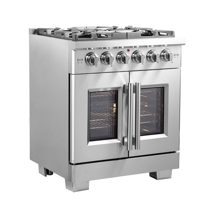 FORNO 30" Capriasca Titanium Gas Range With 4 Burners, Professional Oven, And French Door FFSGS6460-30 FORNO