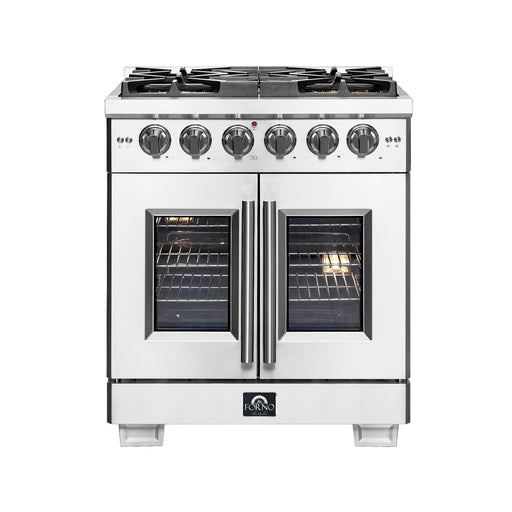 FORNO 30" Capriasca Titanium Gas Range With 4 Burners, Professional Oven, And French Door FFSGS6460-30 FORNO