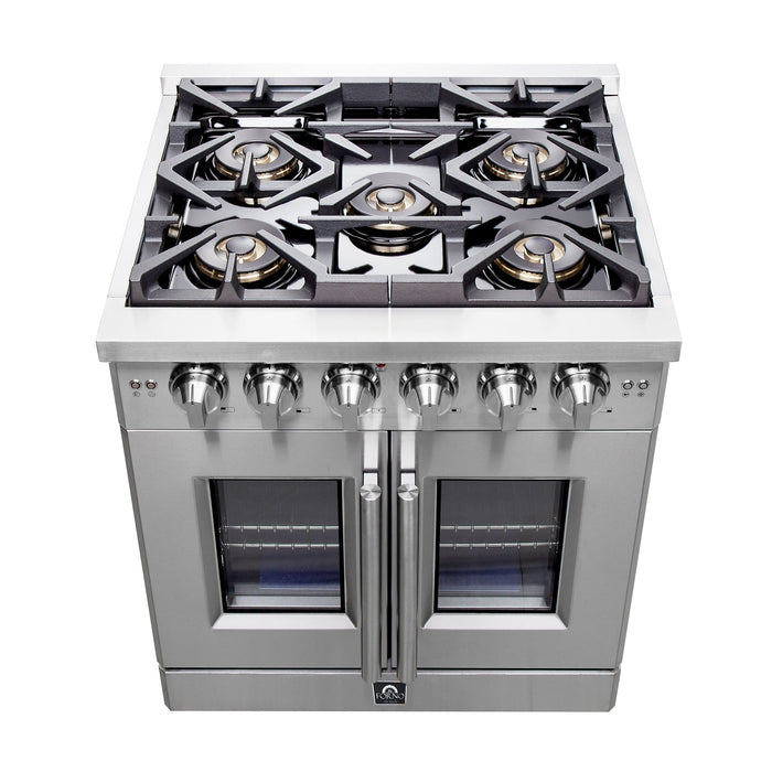 FORNO 30" Capriasca Titanium Gas Range With 4 Burners, Professional Oven, And French Door FFSGS6460-30 FORNO
