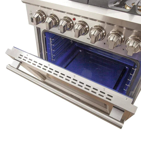 Forno 4-Piece Pro Appliance Package - 30-Inch Gas Range, 56-Inch Pro-Style Refrigerator, Wall Mount Hood with Backsplash, and Dishwasher in Stainless Steel