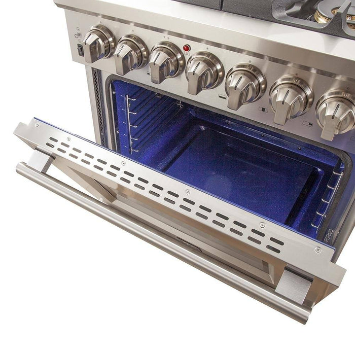 Forno 3-Piece Appliance Package - 30-Inch Gas Range, 56-Inch Pro-Style Refrigerator & Wall Mount Hood with Backsplash in Stainless Steel FORNO