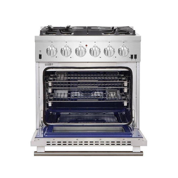 Forno 3-Piece Pro Appliance Package - 30-Inch Gas Range, Refrigerator with Water Dispenser,& Wall Mount Hood with Backsplash in Stainless Steel FORNO