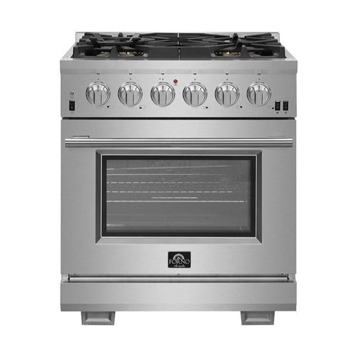 Forno 3-Piece Pro Appliance Package - 30-Inch Gas Range, Refrigerator with Water Dispenser,& Wall Mount Hood with Backsplash in Stainless Steel FORNO