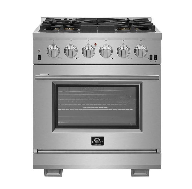 Forno 3-Piece Pro Appliance Package - 30-Inch Gas Range, Refrigerator with Water Dispenser,& Wall Mount Hood with Backsplash in Stainless Steel