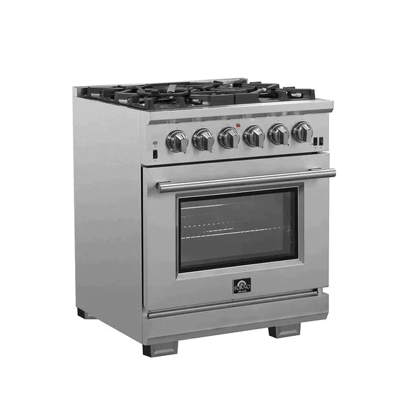 Forno 4-Piece Pro Appliance Package - 30-Inch Gas Range, 56-Inch Pro-Style Refrigerator, Wall Mount Hood with Backsplash, and Dishwasher in Stainless Steel