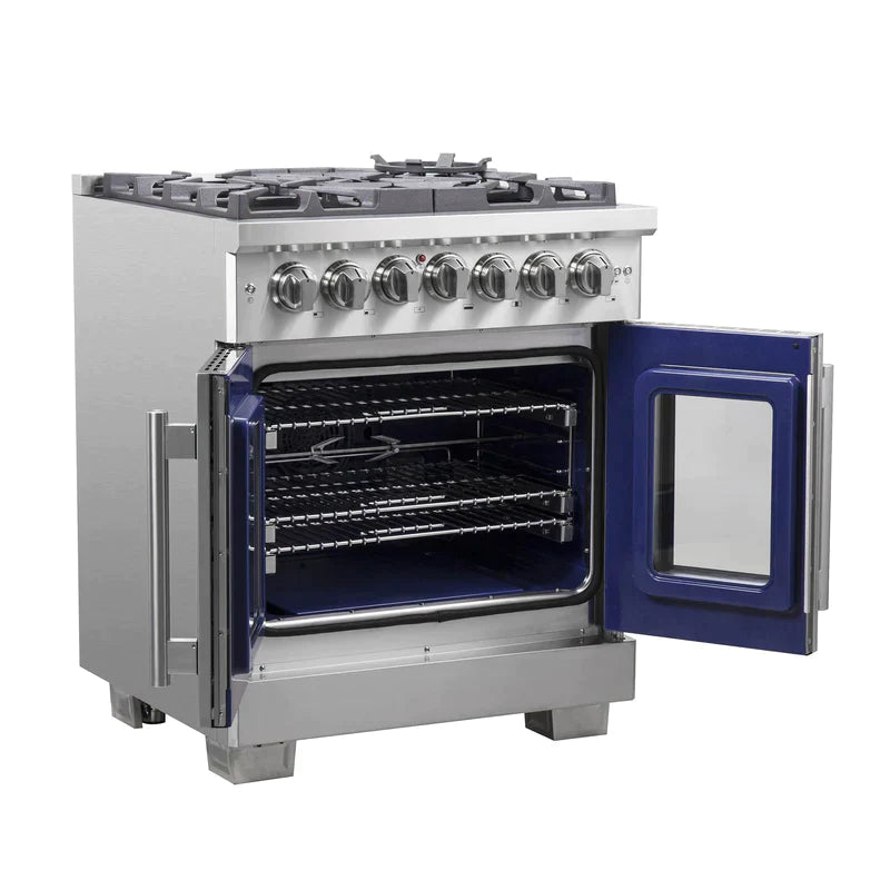 FORNO 30-Inch Capriasca Dual Fuel Range with 5 Gas Burners, 100,000 BTUs, and French Door Electric Oven in Stainless Steel - FFSGS6387-30