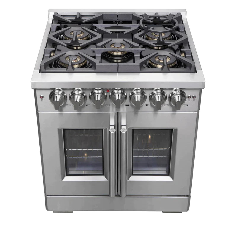 FORNO 30-Inch Capriasca Dual Fuel Range with 5 Gas Burners, 100,000 BTUs, and French Door Electric Oven in Stainless Steel - FFSGS6387-30