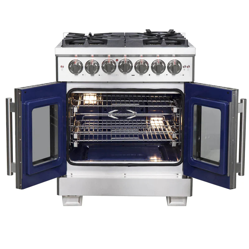 FORNO 30-Inch Capriasca Dual Fuel Range with 5 Gas Burners, 100,000 BTUs, and French Door Electric Oven in Stainless Steel - FFSGS6387-30