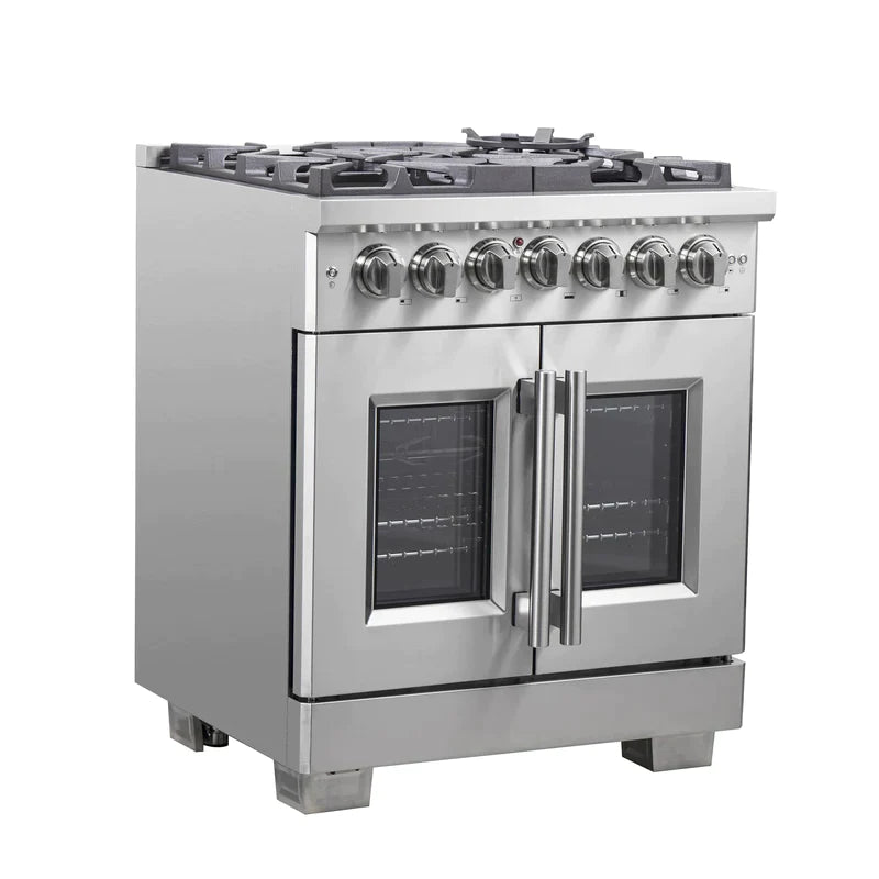 FORNO 30-Inch Capriasca Dual Fuel Range with 5 Gas Burners, 100,000 BTUs, and French Door Electric Oven in Stainless Steel - FFSGS6387-30