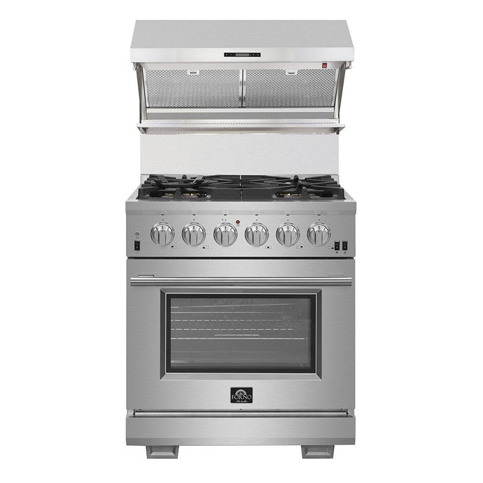 Forno 4-Piece Appliance Package - 30-Inch Electric Range, Wall Mount Range Hood with Backsplash, Pro-Style Refrigerator, and Dishwasher in Stainless Steel FORNO