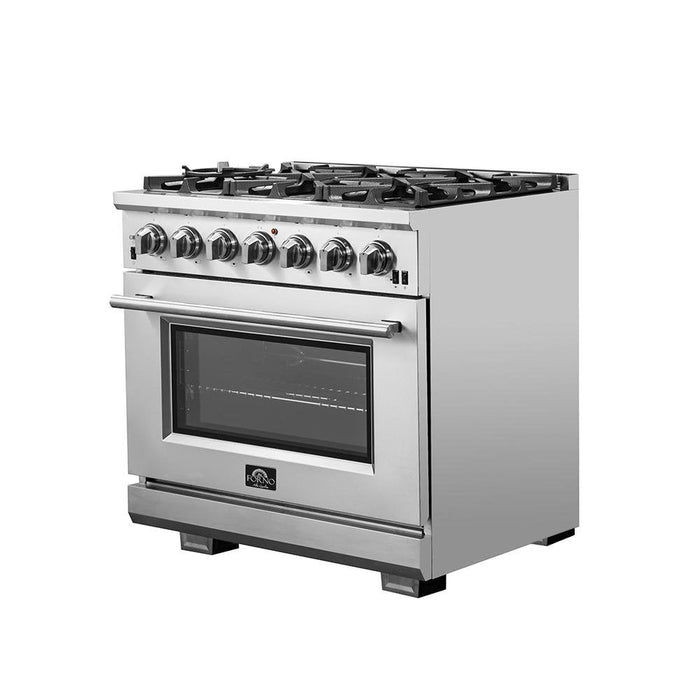 Forno 3-Piece Pro Appliance Package - 36-Inch Gas Range, Refrigerator with Water Dispenser,& Wall Mount Hood with Backsplash in Stainless Steel FORNO
