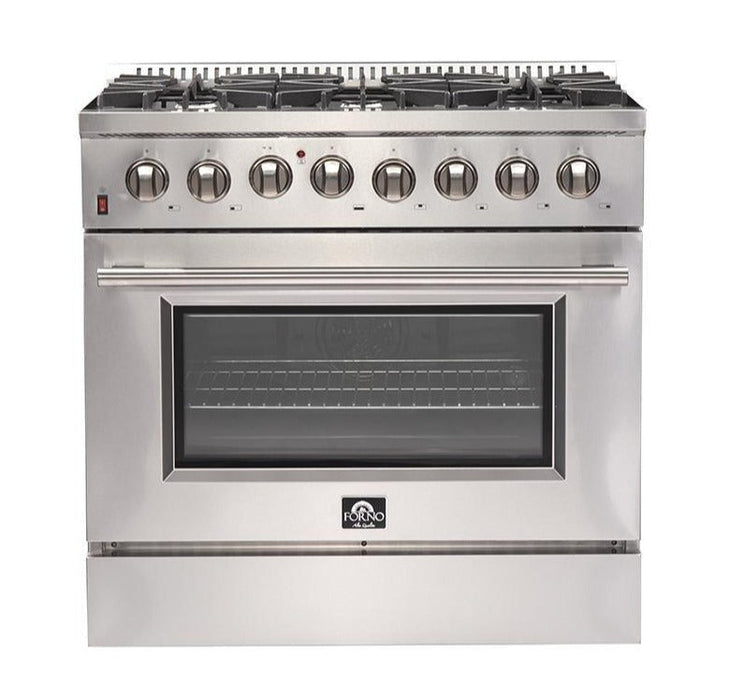 Forno 3-Piece Appliance Package - 36-Inch Dual Fuel Range, 56-Inch Pro-Style Refrigerator & Wall Mount Hood with Backsplash in Stainless Steel FORNO