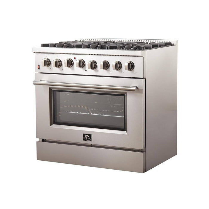 Forno 3-Piece Appliance Package - 36-Inch Dual Fuel Range, 56-Inch Pro-Style Refrigerator & Wall Mount Hood with Backsplash in Stainless Steel FORNO