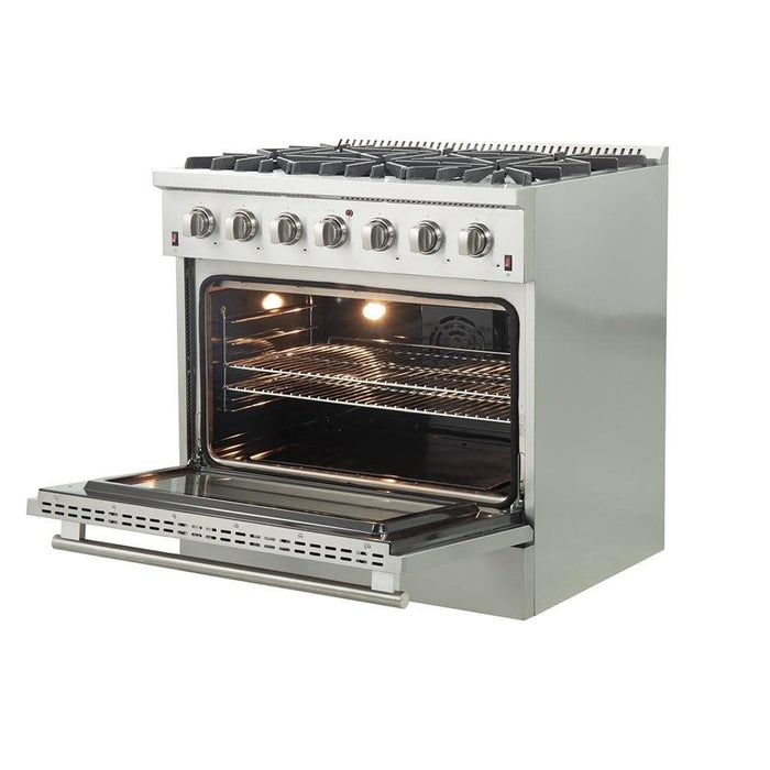 Forno 3-Piece Appliance Package - 36-Inch Gas Range, 56-Inch Pro-Style Refrigerator & Wall Mount Hood with Backsplash in Stainless Steel FORNO