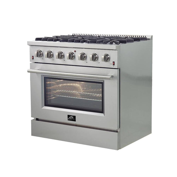 Forno 3-Piece Appliance Package - 36-Inch Gas Range, 56-Inch Pro-Style Refrigerator & Wall Mount Hood with Backsplash in Stainless Steel FORNO