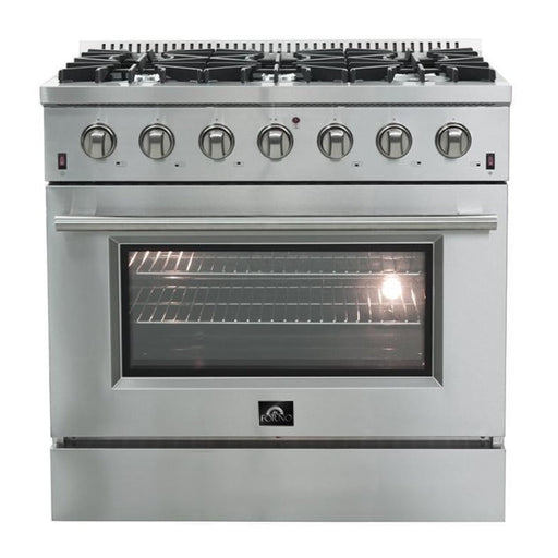 Forno 3-Piece Appliance Package - 36-Inch Gas Range, 56-Inch Pro-Style Refrigerator & Wall Mount Hood with Backsplash in Stainless Steel FORNO