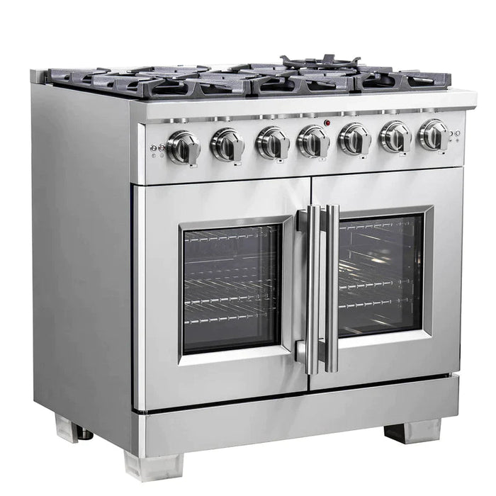 FORNO 36" Capriasca Titanium Gas Range in Stainless Steel With 6 Burners, Professional Oven, And French Door FFSGS6460-36 FORNO