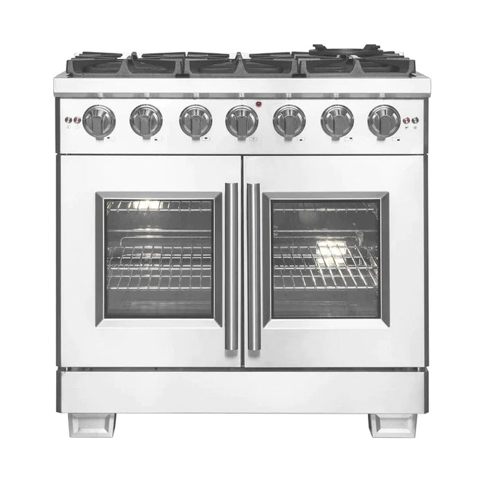 FORNO 36" Capriasca Titanium Gas Range in Stainless Steel With 6 Burners, Professional Oven, And French Door FFSGS6460-36 FORNO