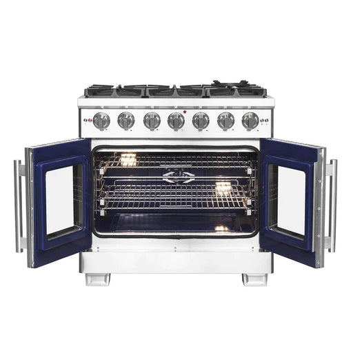 FORNO 36" Capriasca Titanium Gas Range in Stainless Steel With 6 Burners, Professional Oven, And French Door FFSGS6460-36 FORNO