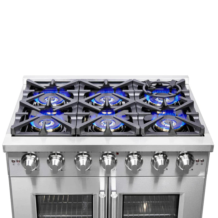 FORNO 36" Capriasca Titanium Gas Range in Stainless Steel With 6 Burners, Professional Oven, And French Door FFSGS6460-36 FORNO