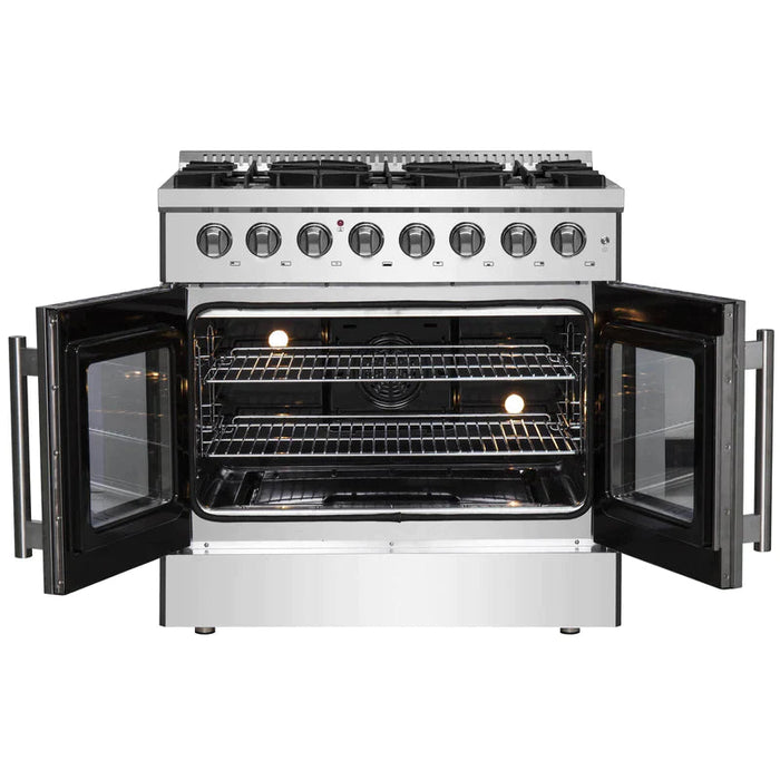 FORNO 36" Maniago Gold Freestanding Dual Fuel Range In Stainless Steel With French Doors FFSGS6356-36 FORNO