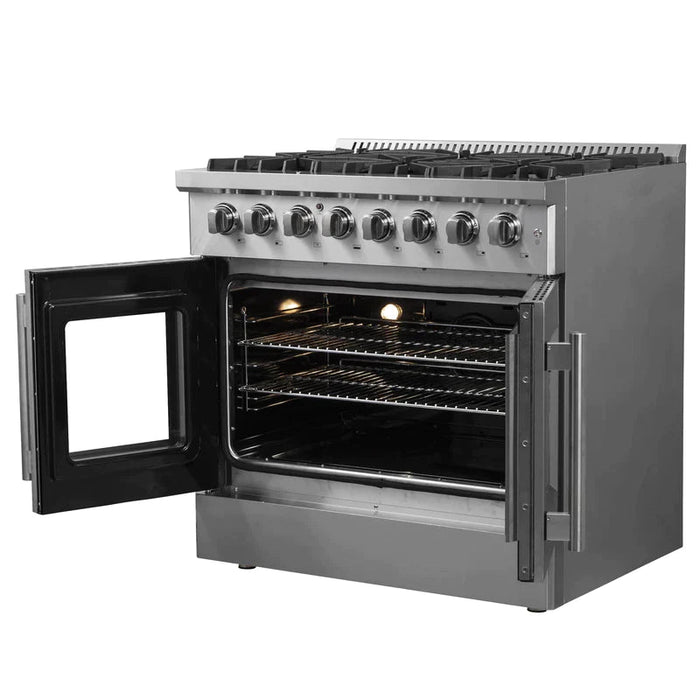 FORNO 36" Maniago Gold Freestanding Dual Fuel Range In Stainless Steel With French Doors FFSGS6356-36 FORNO
