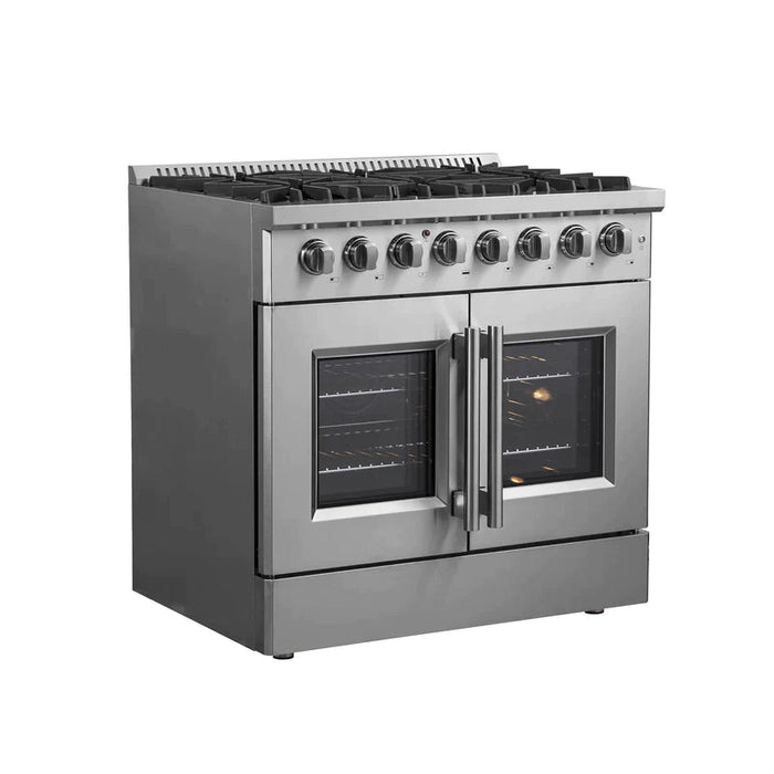 FORNO 36" Maniago Gold Freestanding Dual Fuel Range In Stainless Steel With French Doors FFSGS6356-36 FORNO