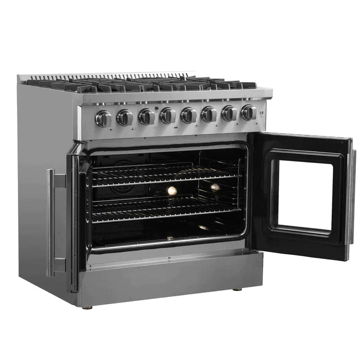 FORNO 36" Maniago Gold Freestanding Dual Fuel Range In Stainless Steel With French Doors FFSGS6356-36 FORNO