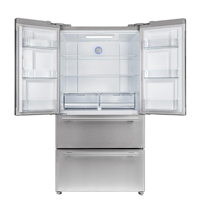 Forno 5-Piece Appliance Package - 36-Inch Electric Range, Wall Mount Range Hood, French Door Refrigerator, Dishwasher, and Microwave Oven in Stainless Steel FORNO