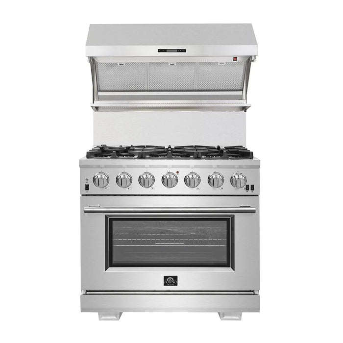 Forno 3-Piece Pro Appliance Package - 30-Inch Gas Range, Refrigerator with Water Dispenser,& Wall Mount Hood with Backsplash in Stainless Steel FORNO