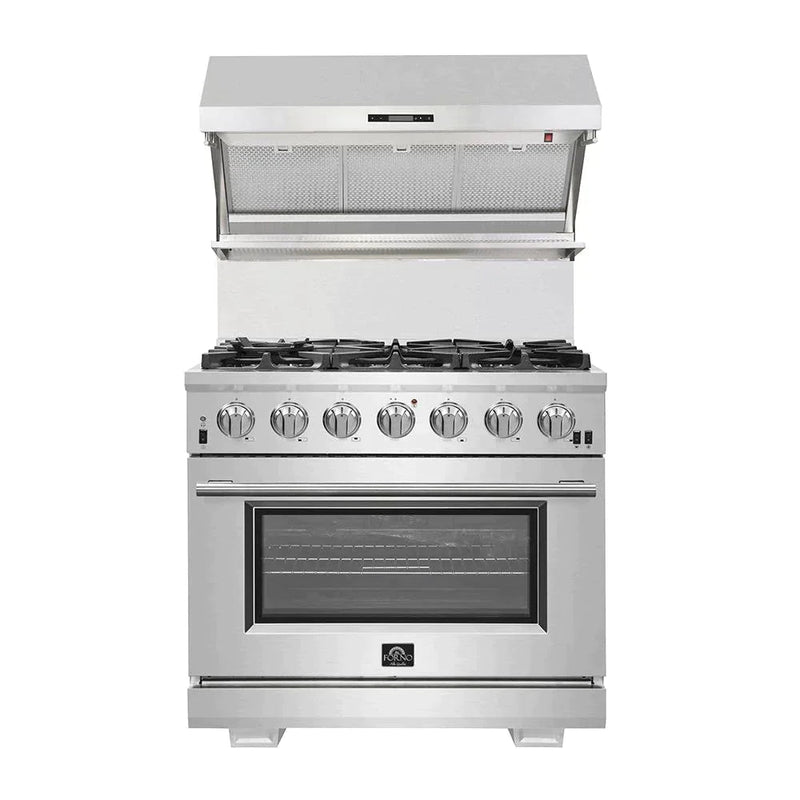 Forno 3-Piece Pro Appliance Package - 36-Inch Gas Range, Refrigerator with Water Dispenser,& Wall Mount Hood with Backsplash in Stainless Steel