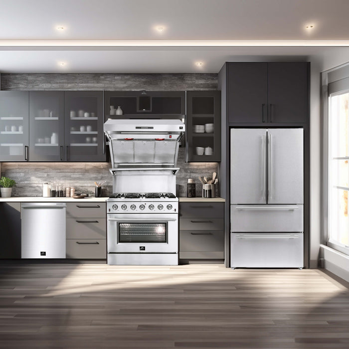 Forno 4-Piece Appliance Package - 36-Inch Gas Range, Refrigerator, Wall Mount Hood with Backsplash, & 3-Rack Dishwasher in Stainless Steel FORNO