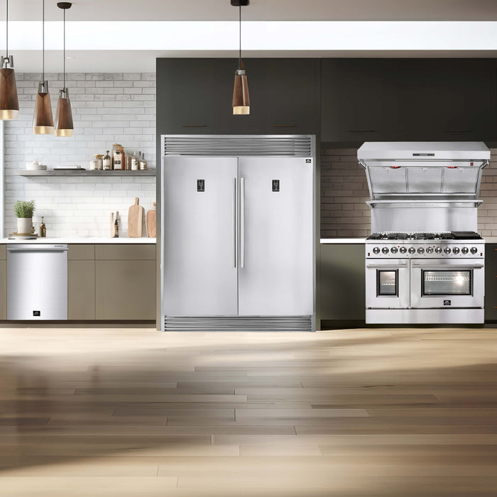 Forno 4-Piece Appliance Package - 48-Inch Dual Fuel Range, 56-Inch Pro-Style Refrigerator, Wall Mount Hood with Backsplash, & 3-Rack Dishwasher in Stainless Steel FORNO