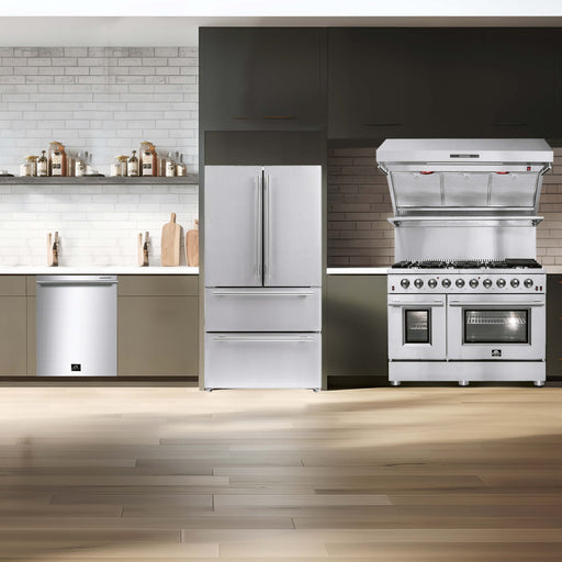 Forno 4-Piece Appliance Package - 48-Inch Gas Range, Refrigerator, Wall Mount Hood with Backsplash, & 3-Rack Dishwasher in Stainless Steel FORNO