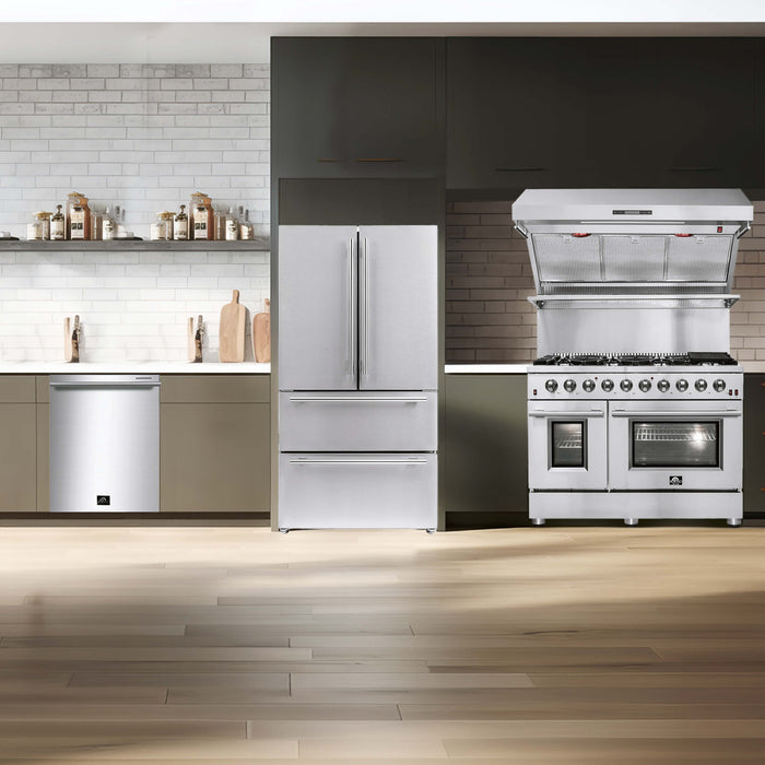 Forno 4-Piece Appliance Package - 48-Inch Gas Range, Refrigerator, Wall Mount Hood with Backsplash, & 3-Rack Dishwasher in Stainless Steel FORNO